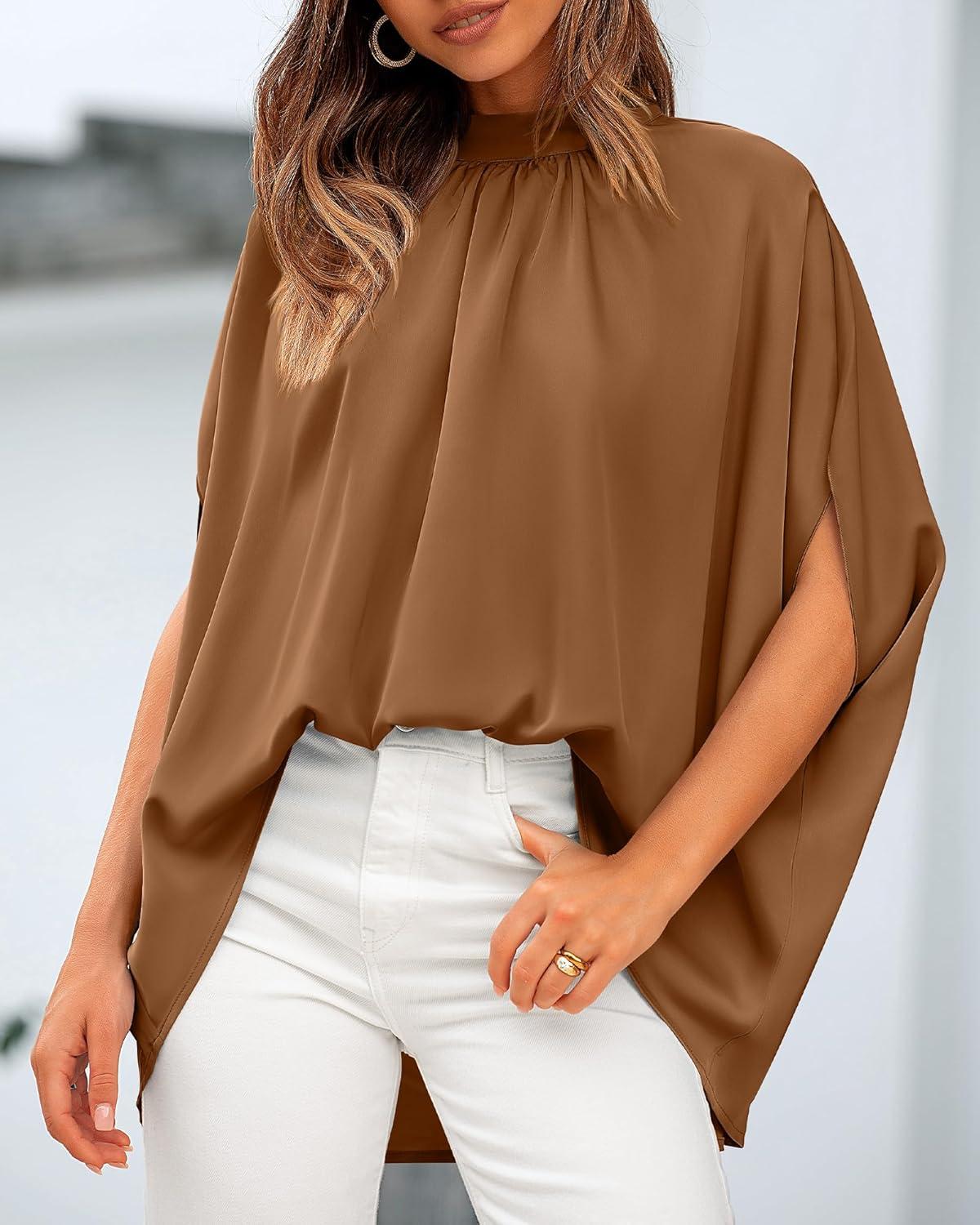 imageBTFBM Womens Summer Tops 2026 Mock Neck Batwing Sleeve Silk Satin Shirts Loose Oversized Dressy Casual Spring BlousesBrown