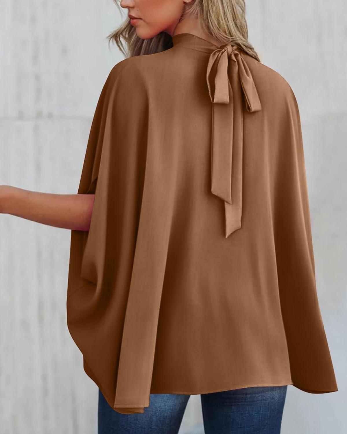 imageBTFBM Womens Summer Tops 2026 Mock Neck Batwing Sleeve Silk Satin Shirts Loose Oversized Dressy Casual Spring BlousesBrown