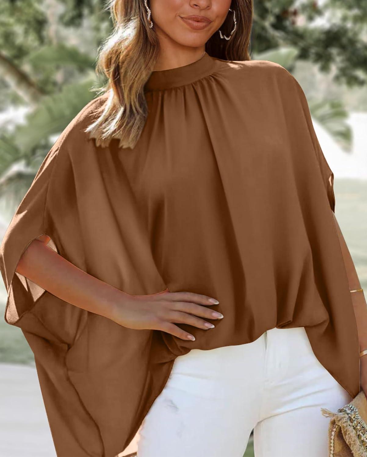 imageBTFBM Womens Summer Tops 2026 Mock Neck Batwing Sleeve Silk Satin Shirts Loose Oversized Dressy Casual Spring BlousesBrown