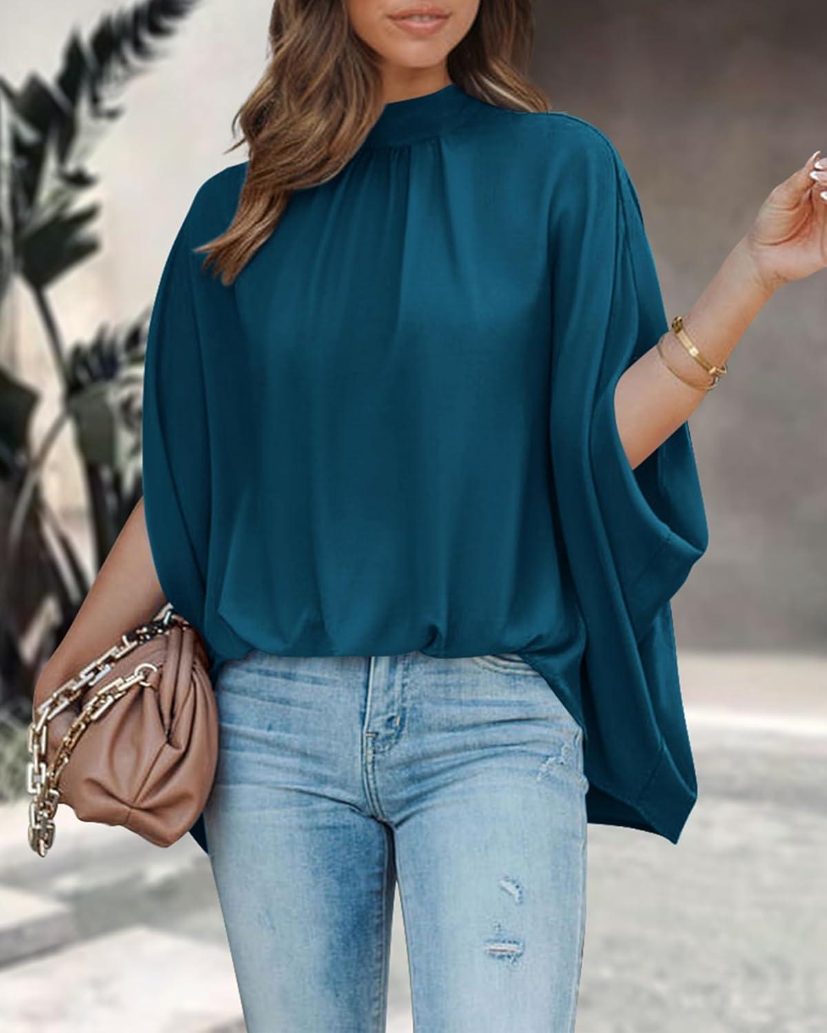 imageBTFBM Womens Summer Tops 2026 Mock Neck Batwing Sleeve Silk Satin Shirts Loose Oversized Dressy Casual Spring BlousesDark Blue