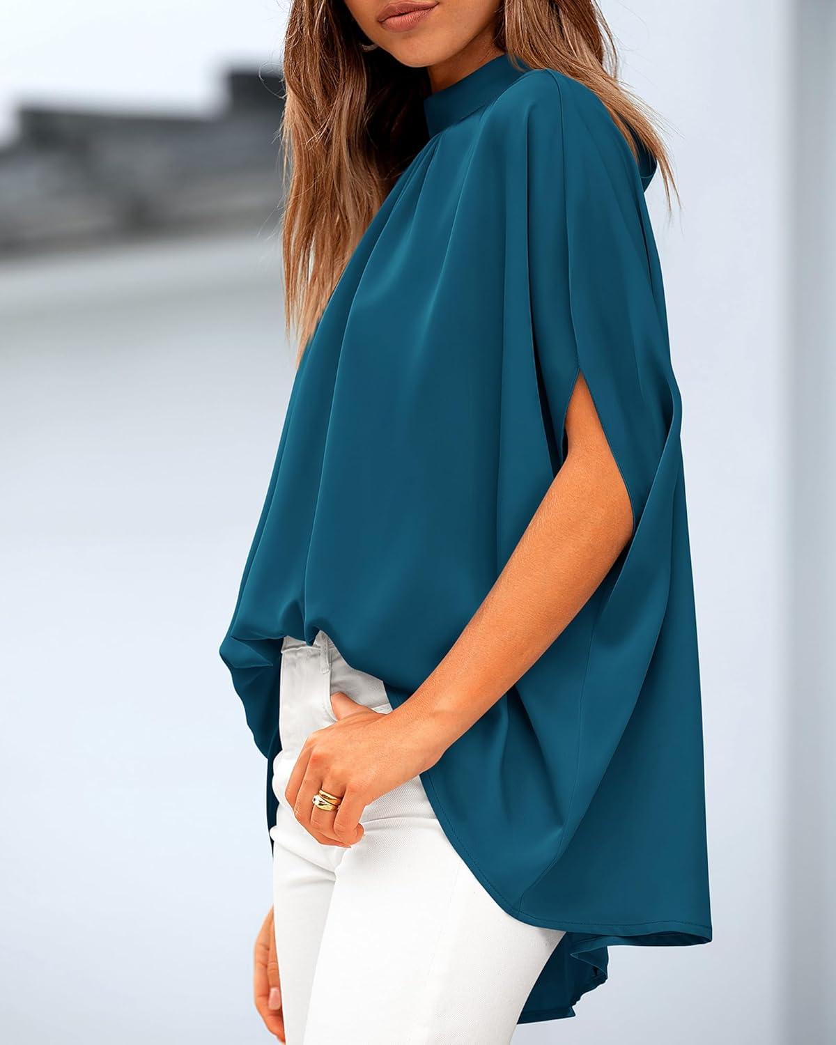 imageBTFBM Womens Summer Tops 2026 Mock Neck Batwing Sleeve Silk Satin Shirts Loose Oversized Dressy Casual Spring BlousesDark Blue