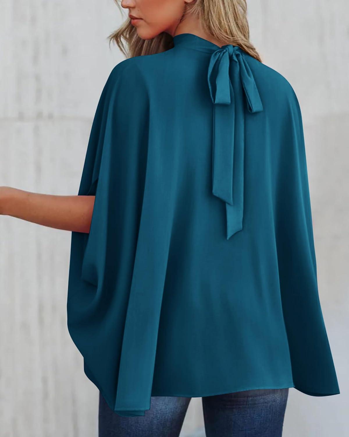 imageBTFBM Womens Summer Tops 2026 Mock Neck Batwing Sleeve Silk Satin Shirts Loose Oversized Dressy Casual Spring BlousesDark Blue