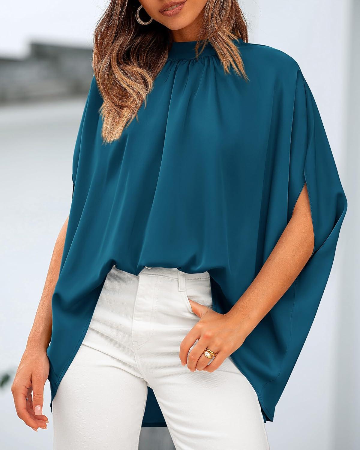 imageBTFBM Womens Summer Tops 2026 Mock Neck Batwing Sleeve Silk Satin Shirts Loose Oversized Dressy Casual Spring BlousesDark Blue