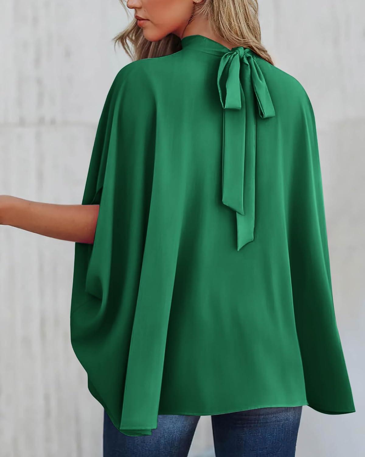 imageBTFBM Womens Summer Tops 2026 Mock Neck Batwing Sleeve Silk Satin Shirts Loose Oversized Dressy Casual Spring BlousesGreen
