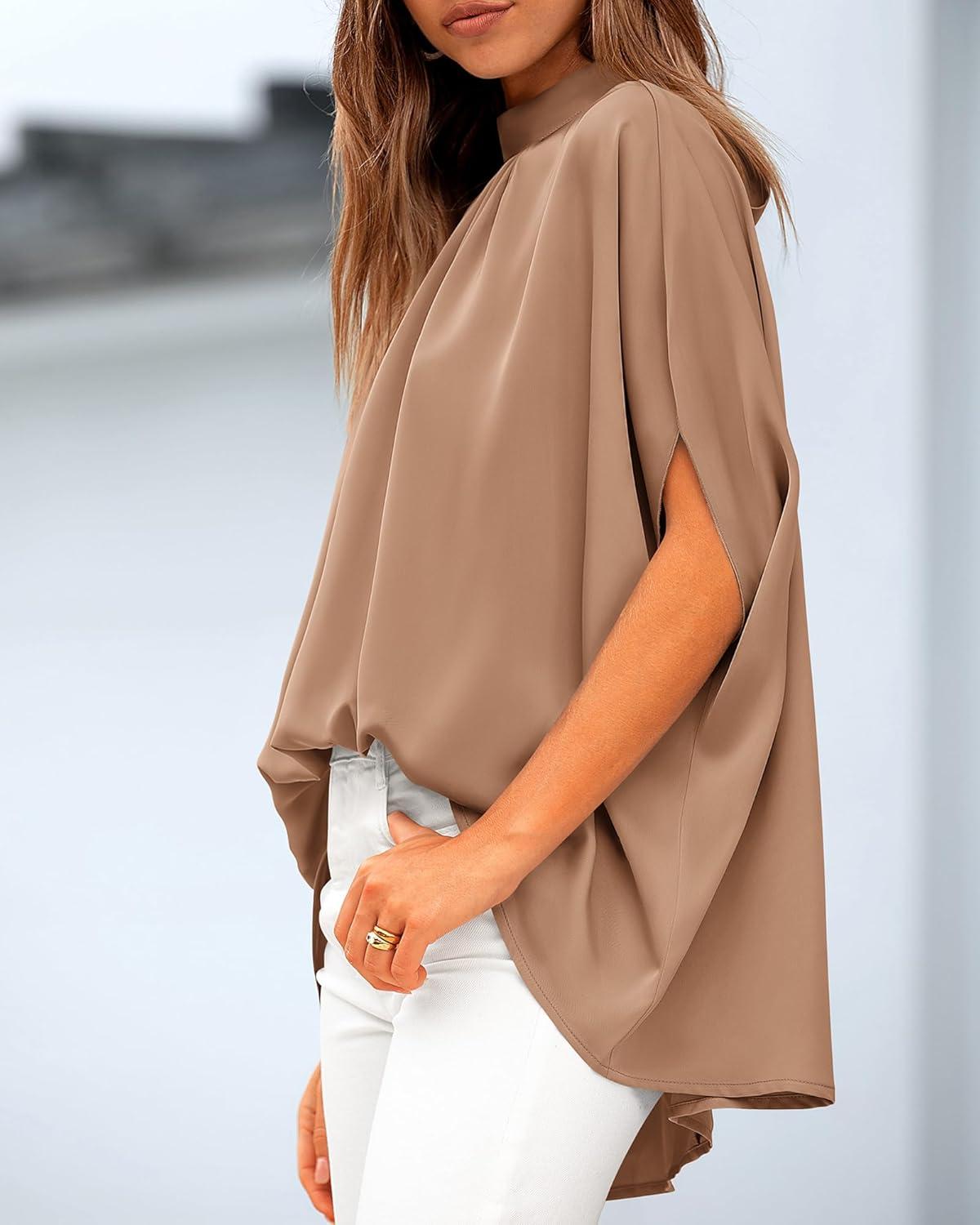 imageBTFBM Womens Summer Tops 2026 Mock Neck Batwing Sleeve Silk Satin Shirts Loose Oversized Dressy Casual Spring BlousesKhaki