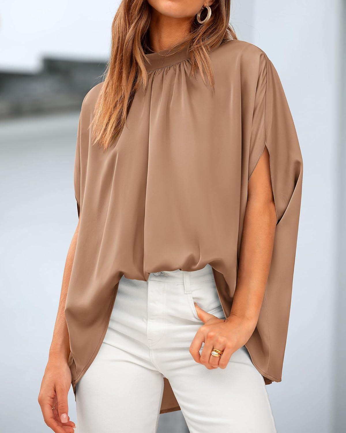 imageBTFBM Womens Summer Tops 2026 Mock Neck Batwing Sleeve Silk Satin Shirts Loose Oversized Dressy Casual Spring BlousesKhaki