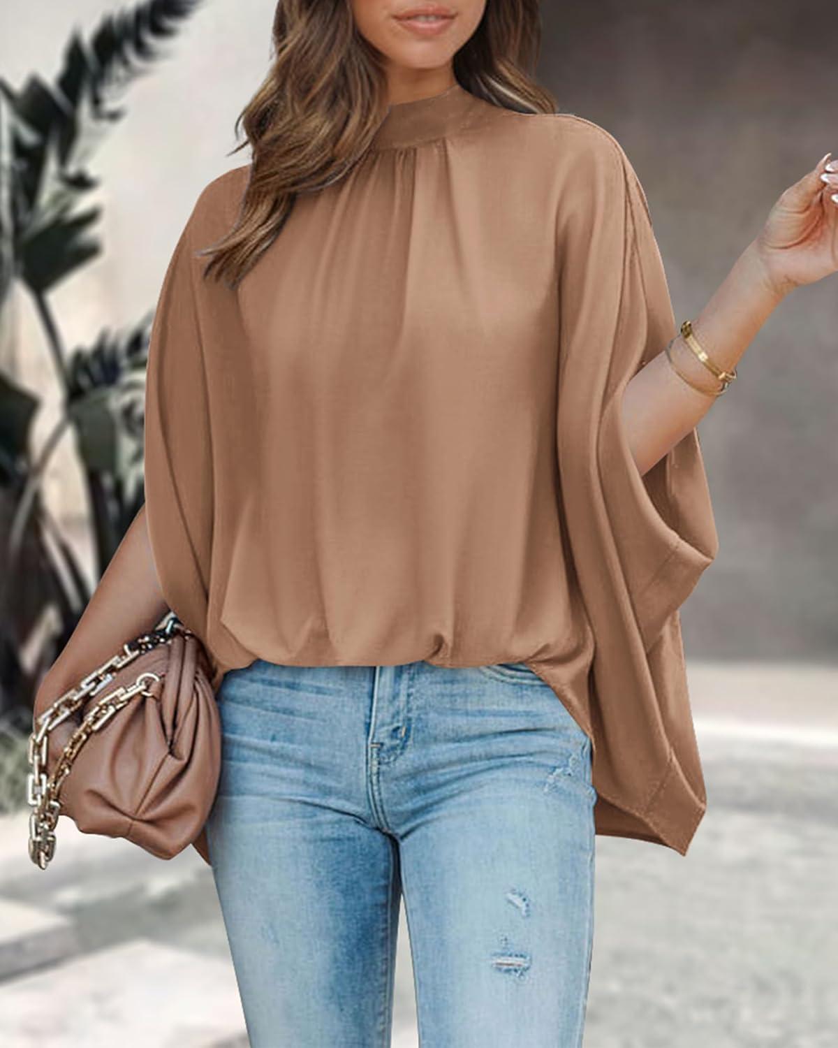 imageBTFBM Womens Summer Tops 2026 Mock Neck Batwing Sleeve Silk Satin Shirts Loose Oversized Dressy Casual Spring BlousesKhaki
