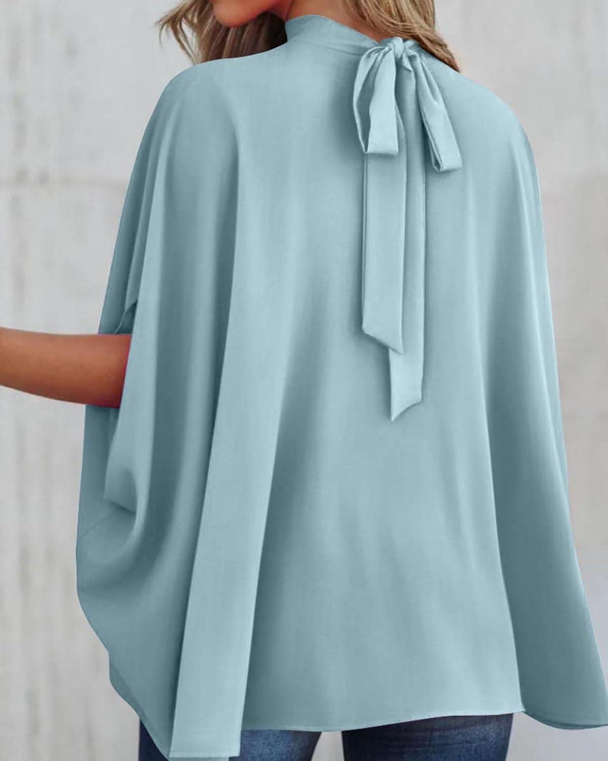 imageBTFBM Womens Summer Tops 2026 Mock Neck Batwing Sleeve Silk Satin Shirts Loose Oversized Dressy Casual Spring BlousesLight Blue