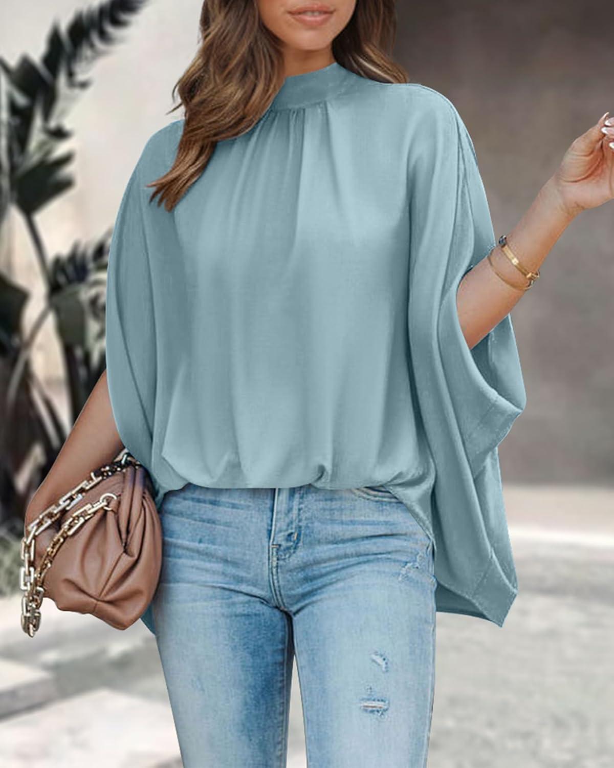 imageBTFBM Womens Summer Tops 2026 Mock Neck Batwing Sleeve Silk Satin Shirts Loose Oversized Dressy Casual Spring BlousesLight Blue
