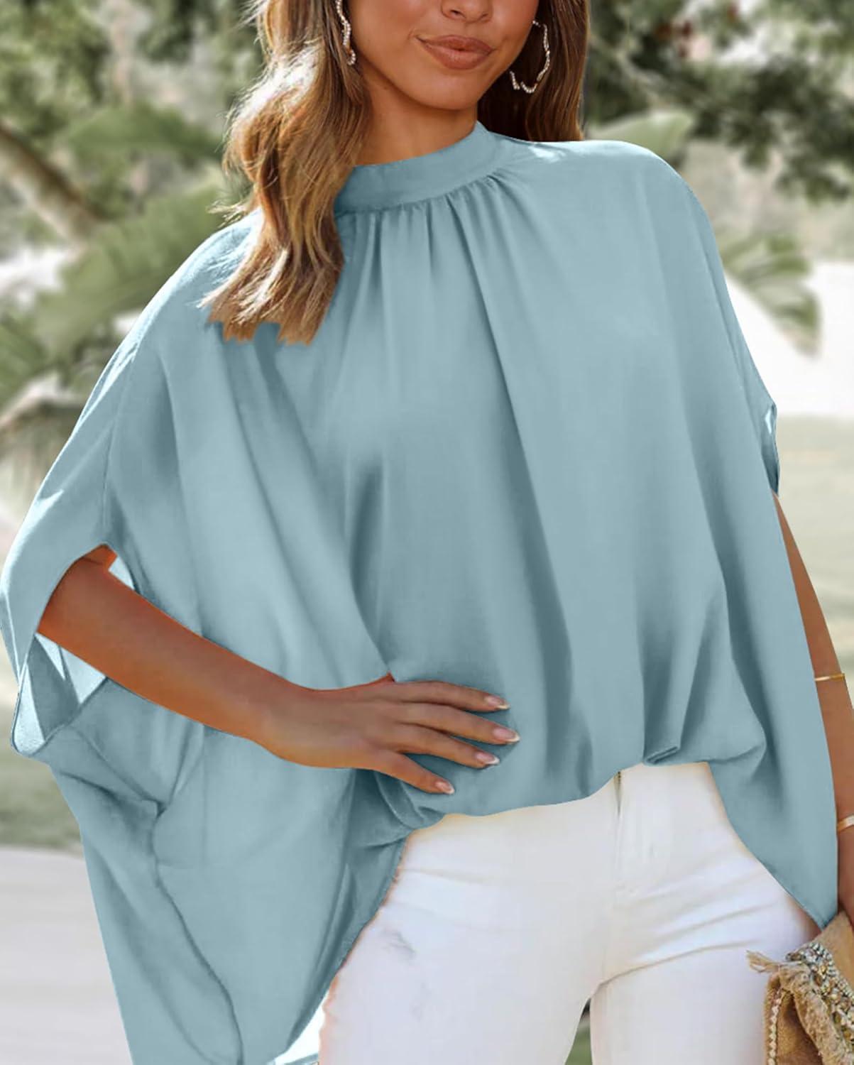 imageBTFBM Womens Summer Tops 2026 Mock Neck Batwing Sleeve Silk Satin Shirts Loose Oversized Dressy Casual Spring BlousesLight Blue