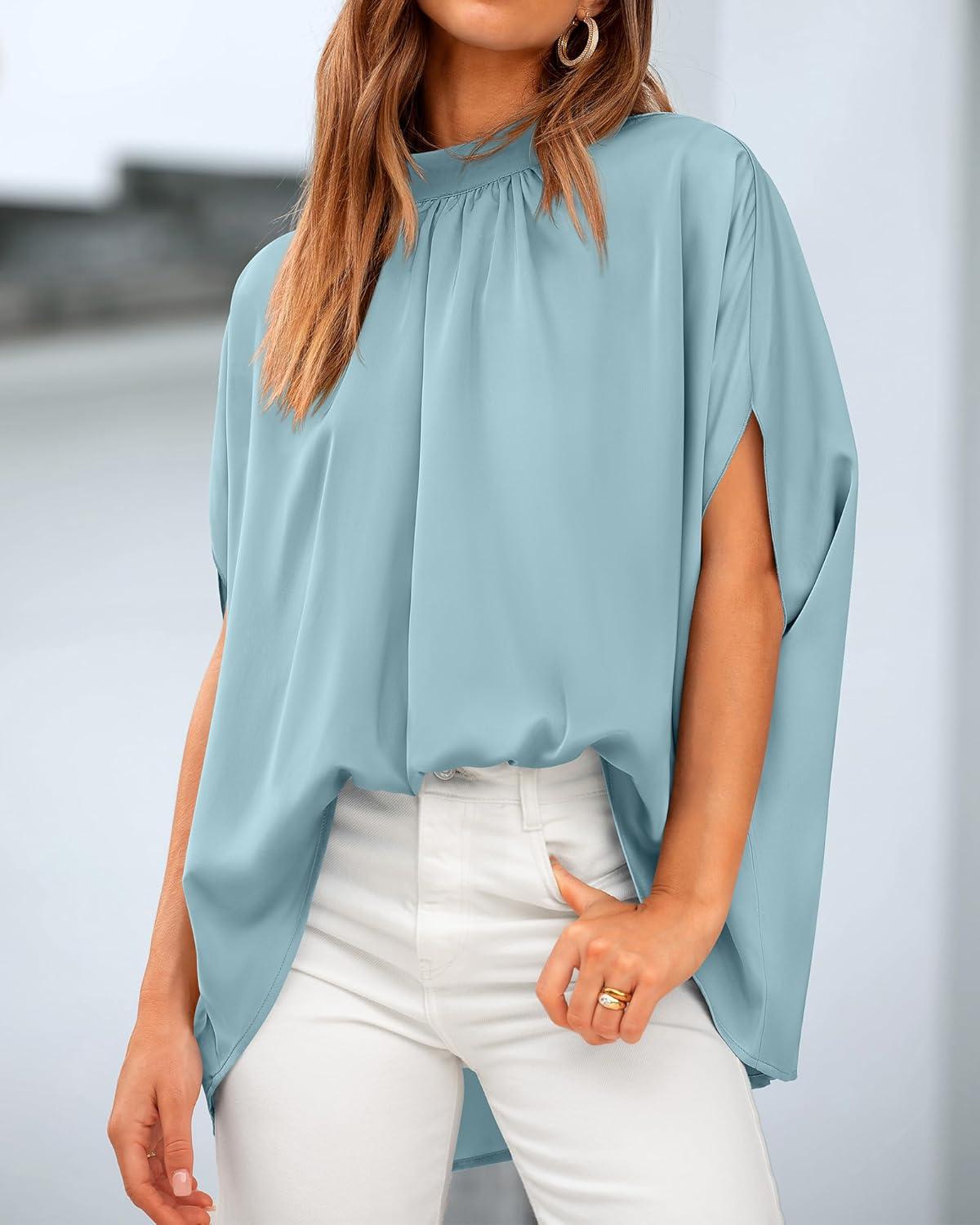 imageBTFBM Womens Summer Tops 2026 Mock Neck Batwing Sleeve Silk Satin Shirts Loose Oversized Dressy Casual Spring BlousesLight Blue