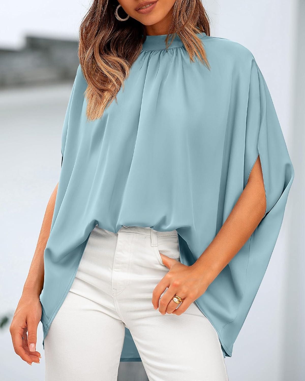 imageBTFBM Womens Summer Tops 2026 Mock Neck Batwing Sleeve Silk Satin Shirts Loose Oversized Dressy Casual Spring BlousesLight Blue