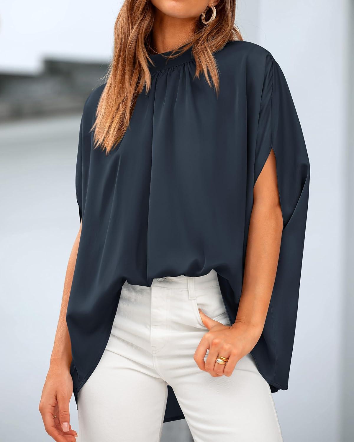 imageBTFBM Womens Summer Tops 2026 Mock Neck Batwing Sleeve Silk Satin Shirts Loose Oversized Dressy Casual Spring BlousesNavy