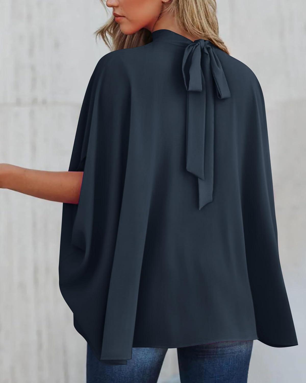 imageBTFBM Womens Summer Tops 2026 Mock Neck Batwing Sleeve Silk Satin Shirts Loose Oversized Dressy Casual Spring BlousesNavy