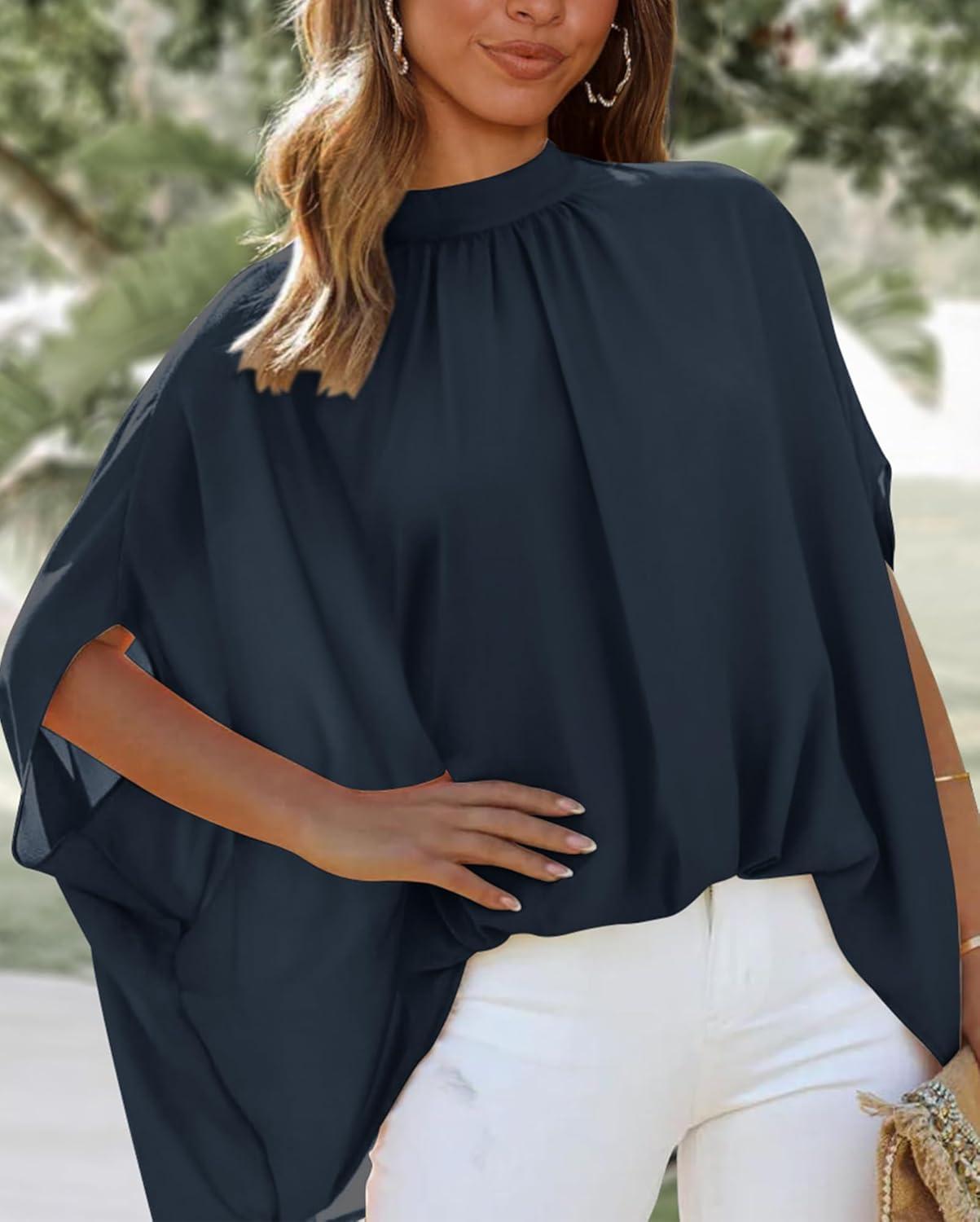 imageBTFBM Womens Summer Tops 2026 Mock Neck Batwing Sleeve Silk Satin Shirts Loose Oversized Dressy Casual Spring BlousesNavy