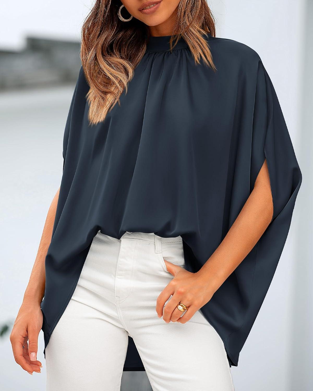 imageBTFBM Womens Summer Tops 2026 Mock Neck Batwing Sleeve Silk Satin Shirts Loose Oversized Dressy Casual Spring BlousesNavy