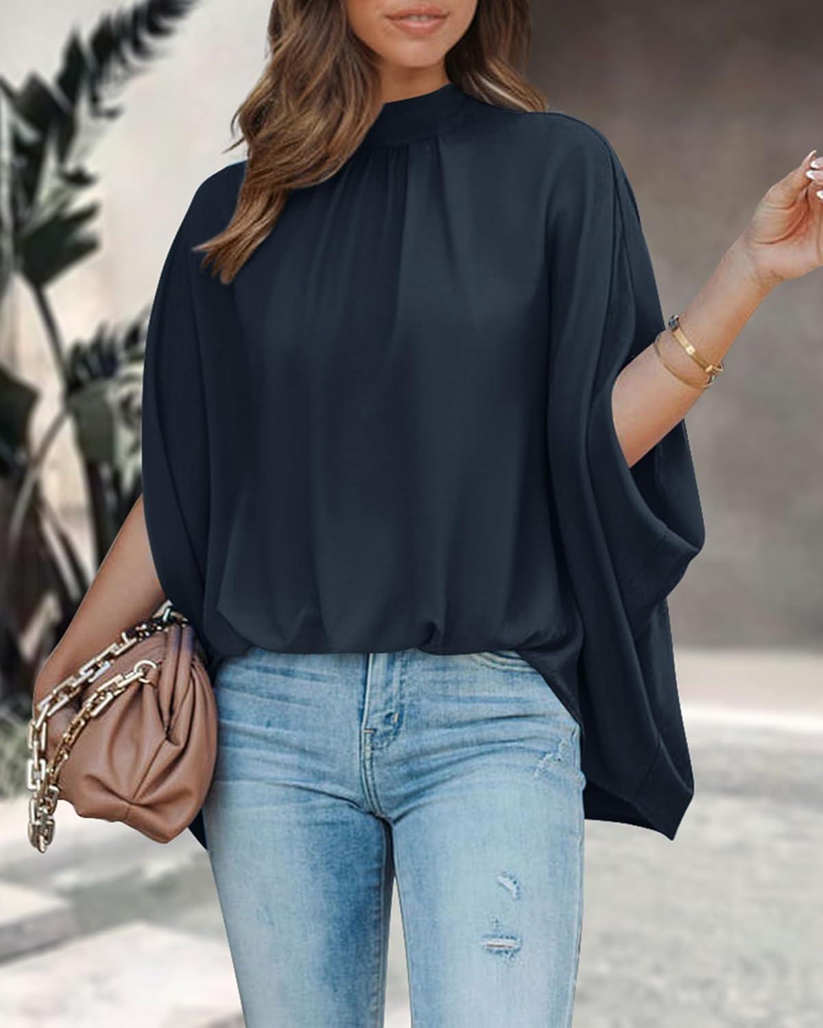 imageBTFBM Womens Summer Tops 2026 Mock Neck Batwing Sleeve Silk Satin Shirts Loose Oversized Dressy Casual Spring BlousesNavy