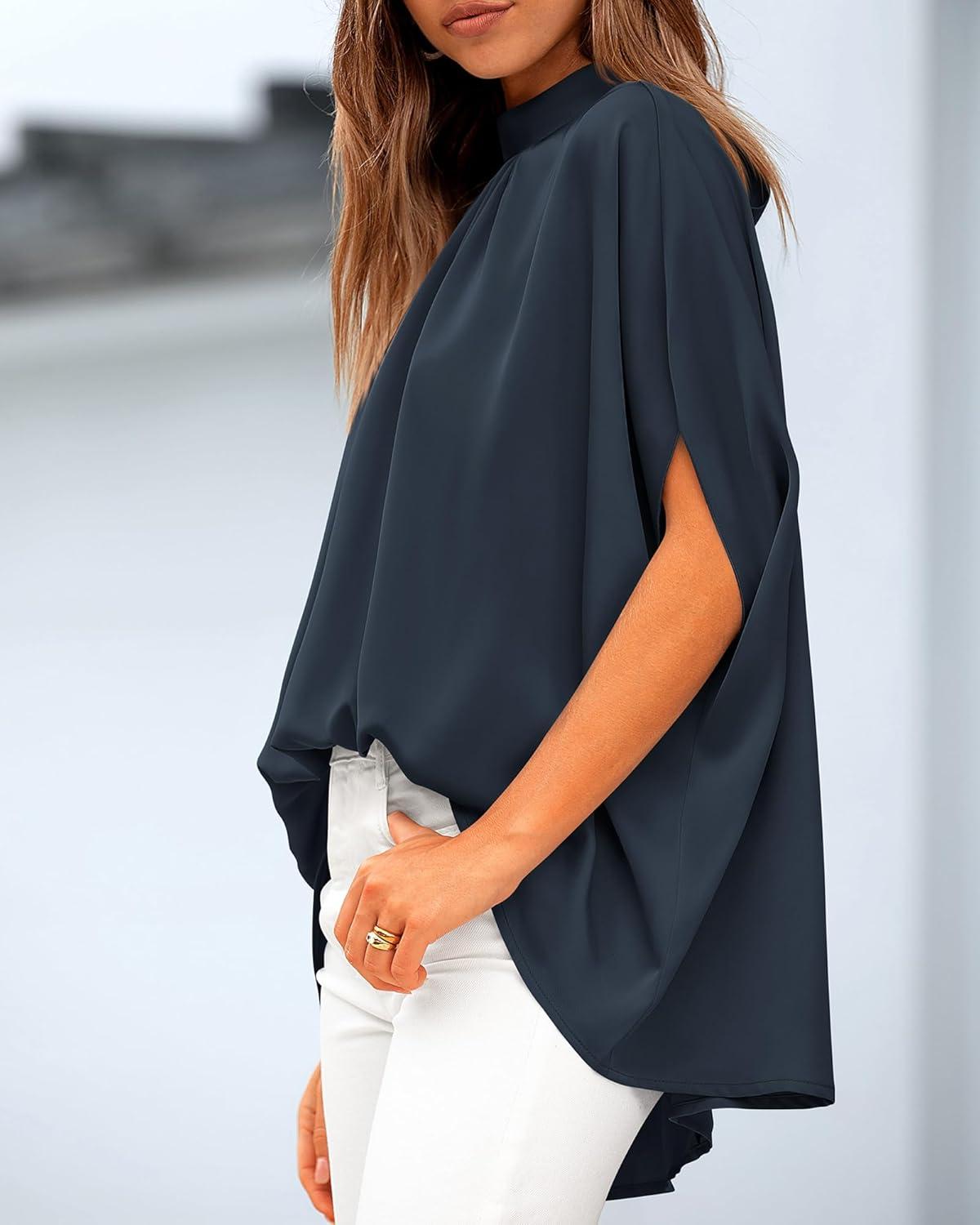 imageBTFBM Womens Summer Tops 2026 Mock Neck Batwing Sleeve Silk Satin Shirts Loose Oversized Dressy Casual Spring BlousesNavy