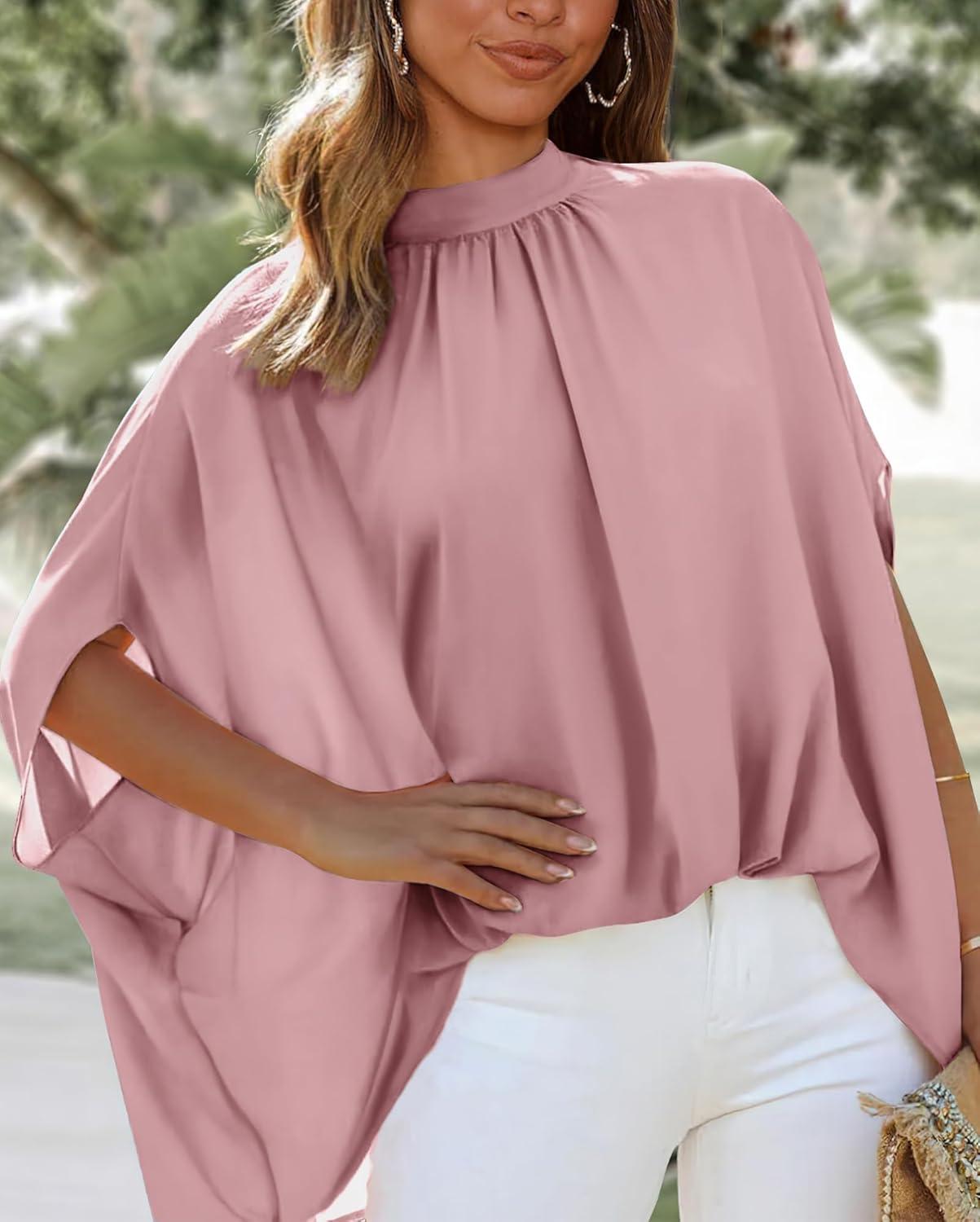 imageBTFBM Womens Summer Tops 2026 Mock Neck Batwing Sleeve Silk Satin Shirts Loose Oversized Dressy Casual Spring BlousesPink