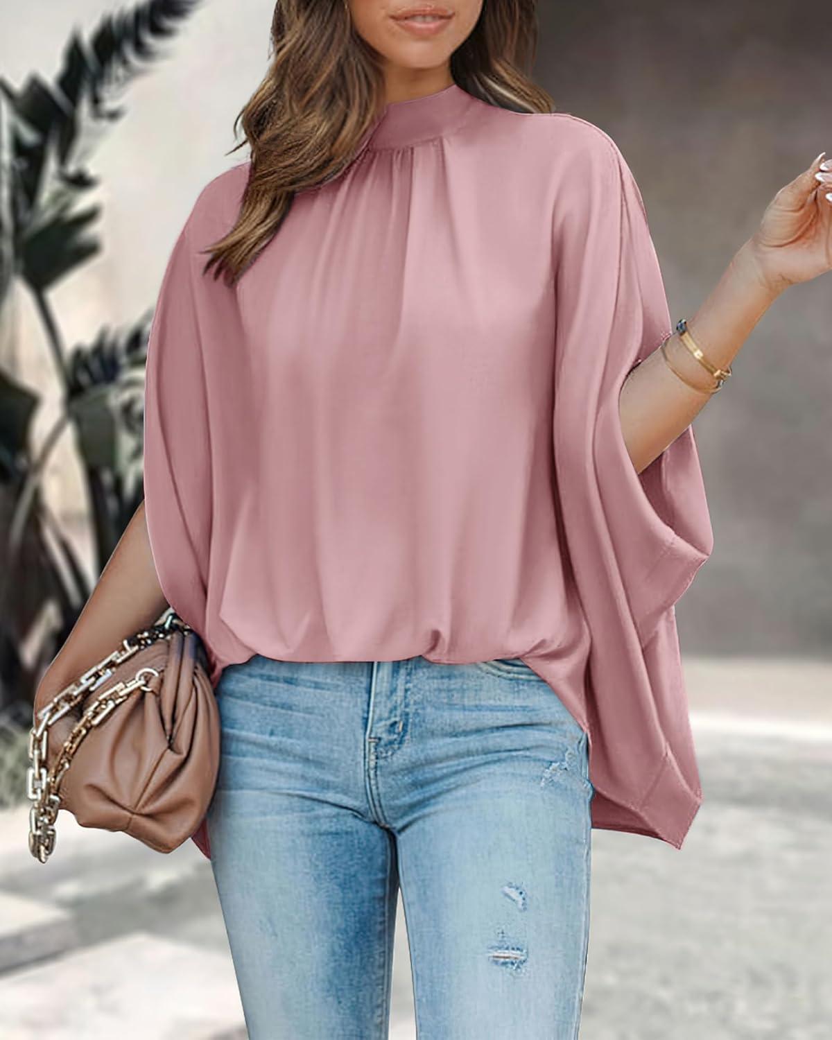 imageBTFBM Womens Summer Tops 2026 Mock Neck Batwing Sleeve Silk Satin Shirts Loose Oversized Dressy Casual Spring BlousesPink