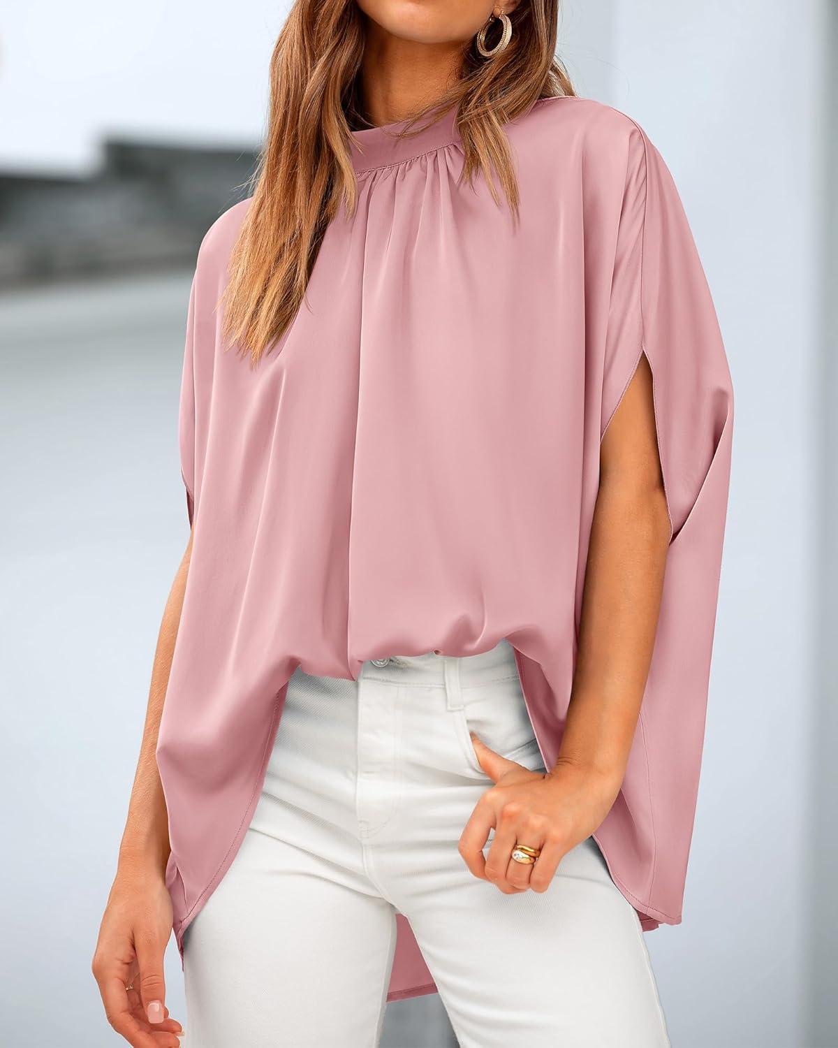 imageBTFBM Womens Summer Tops 2026 Mock Neck Batwing Sleeve Silk Satin Shirts Loose Oversized Dressy Casual Spring BlousesPink