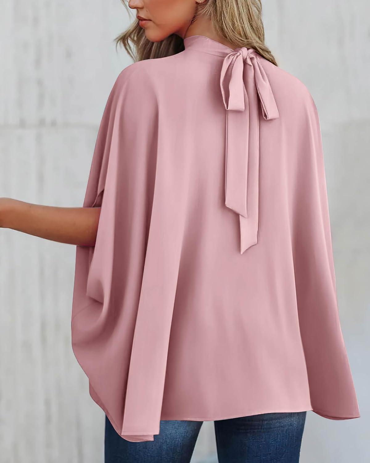 imageBTFBM Womens Summer Tops 2026 Mock Neck Batwing Sleeve Silk Satin Shirts Loose Oversized Dressy Casual Spring BlousesPink