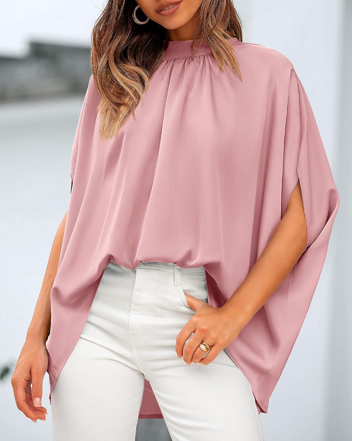 imageBTFBM Womens Summer Tops 2026 Mock Neck Batwing Sleeve Silk Satin Shirts Loose Oversized Dressy Casual Spring BlousesPink