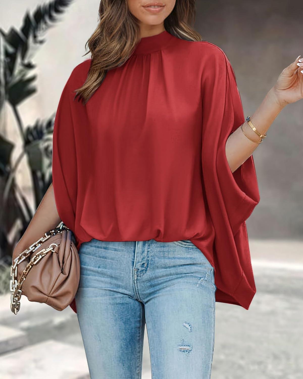 imageBTFBM Womens Summer Tops 2026 Mock Neck Batwing Sleeve Silk Satin Shirts Loose Oversized Dressy Casual Spring BlousesRed