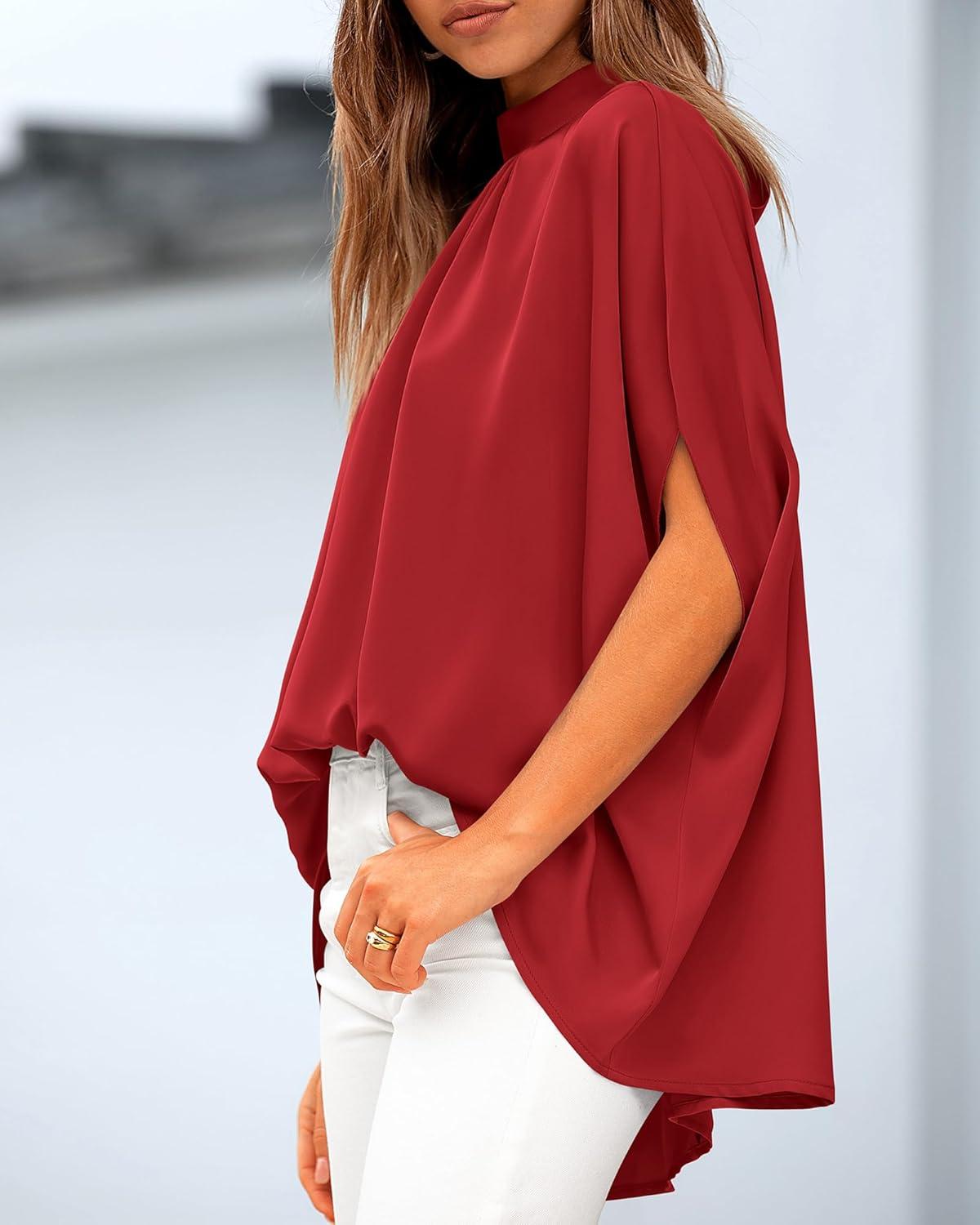 imageBTFBM Womens Summer Tops 2026 Mock Neck Batwing Sleeve Silk Satin Shirts Loose Oversized Dressy Casual Spring BlousesRed