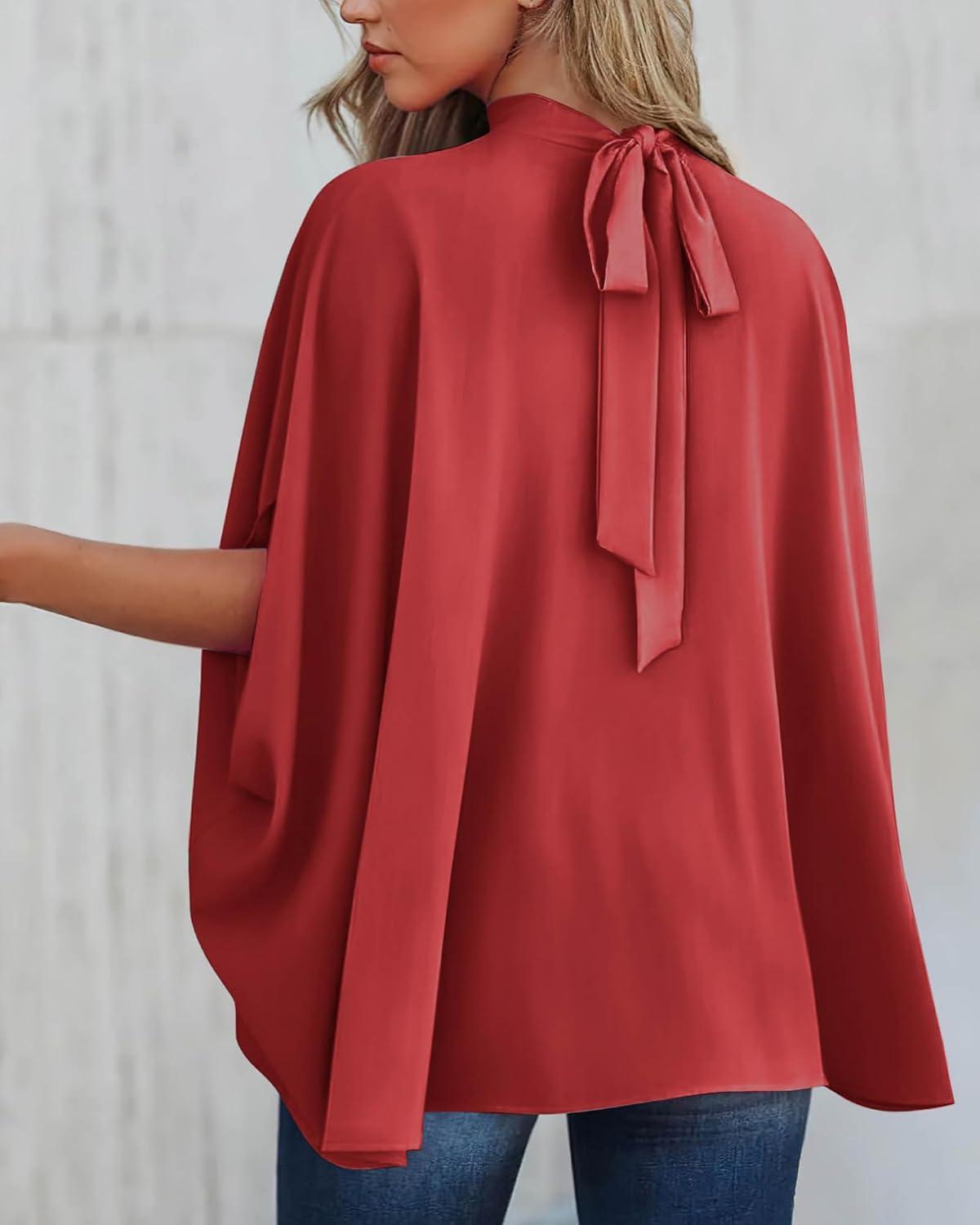 imageBTFBM Womens Summer Tops 2026 Mock Neck Batwing Sleeve Silk Satin Shirts Loose Oversized Dressy Casual Spring BlousesRed
