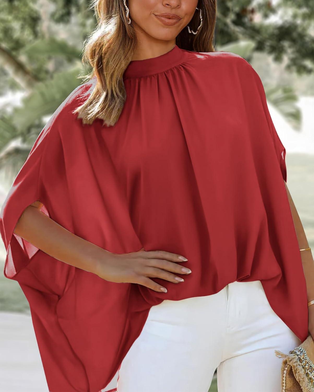 imageBTFBM Womens Summer Tops 2026 Mock Neck Batwing Sleeve Silk Satin Shirts Loose Oversized Dressy Casual Spring BlousesRed