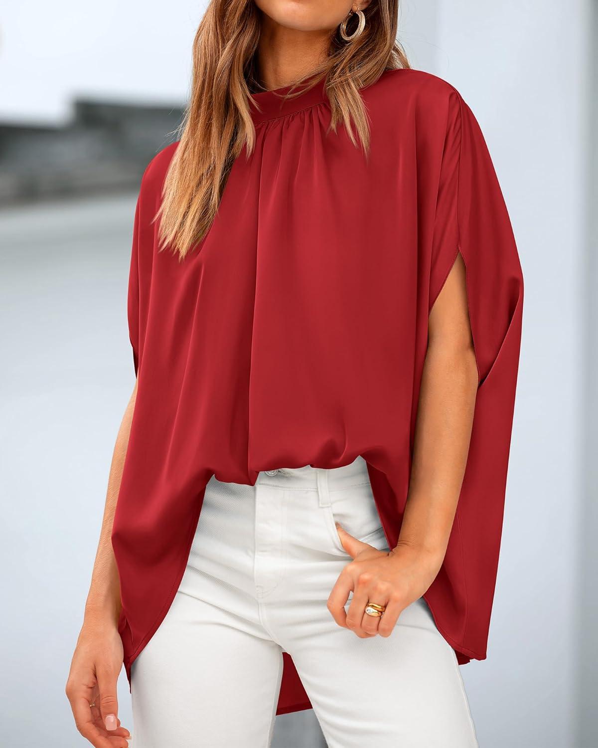 imageBTFBM Womens Summer Tops 2026 Mock Neck Batwing Sleeve Silk Satin Shirts Loose Oversized Dressy Casual Spring BlousesRed