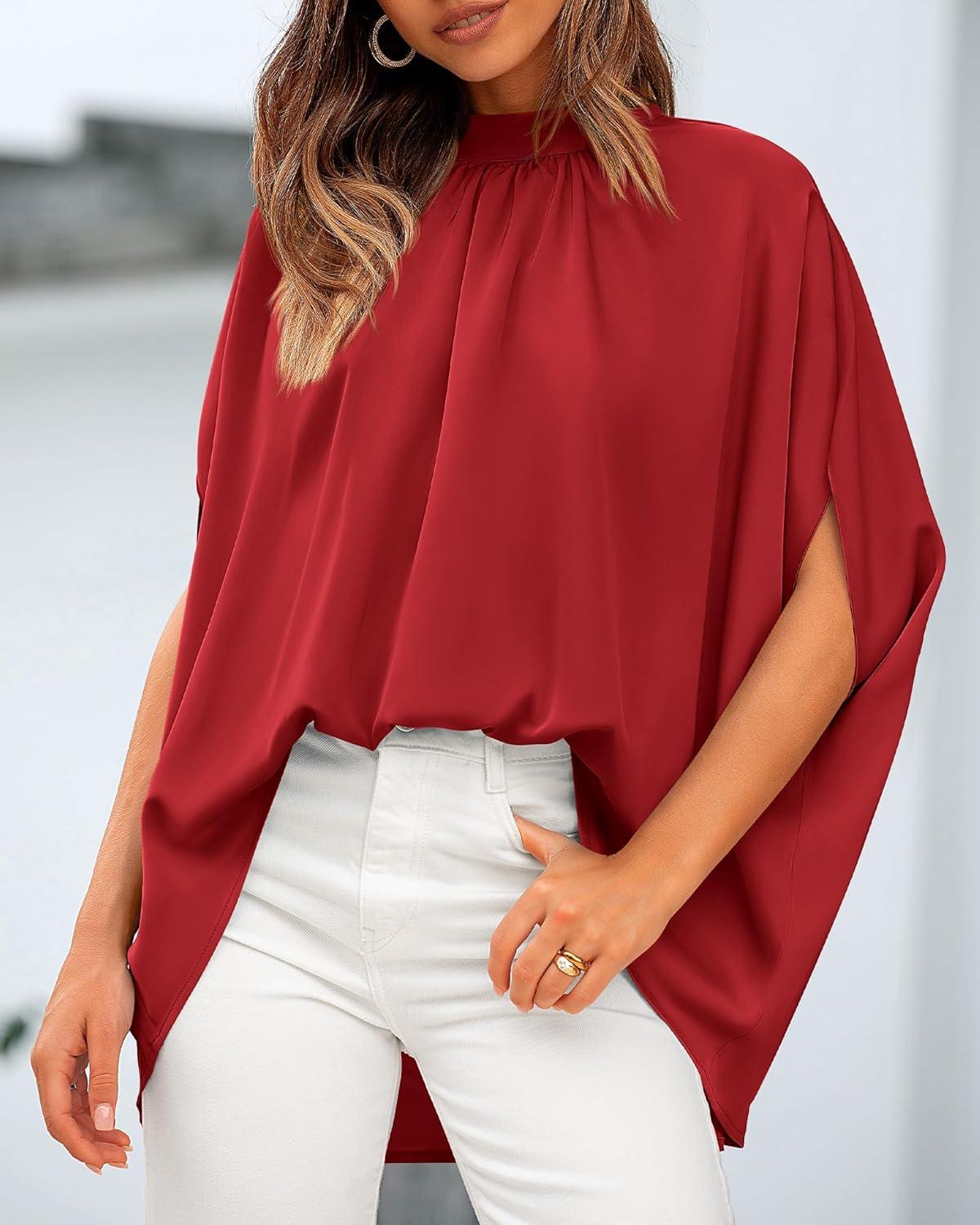 imageBTFBM Womens Summer Tops 2026 Mock Neck Batwing Sleeve Silk Satin Shirts Loose Oversized Dressy Casual Spring BlousesRed