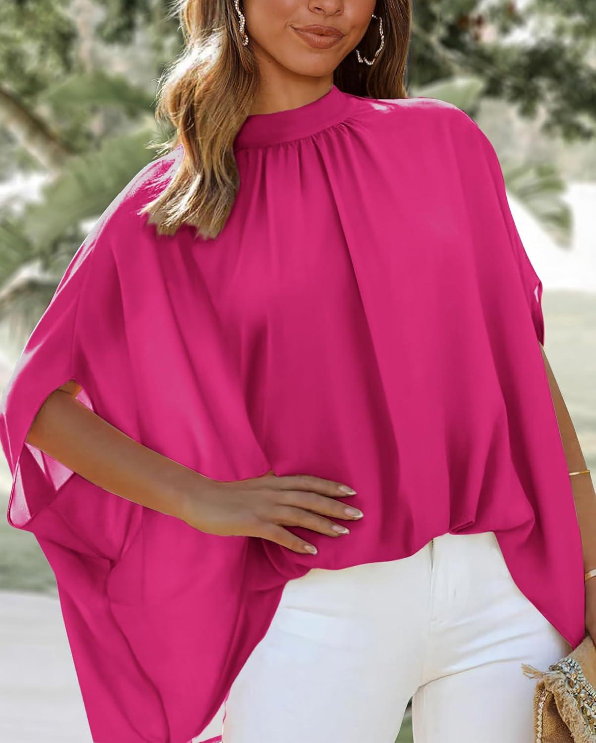 imageBTFBM Womens Summer Tops 2026 Mock Neck Batwing Sleeve Silk Satin Shirts Loose Oversized Dressy Casual Spring BlousesRose Red
