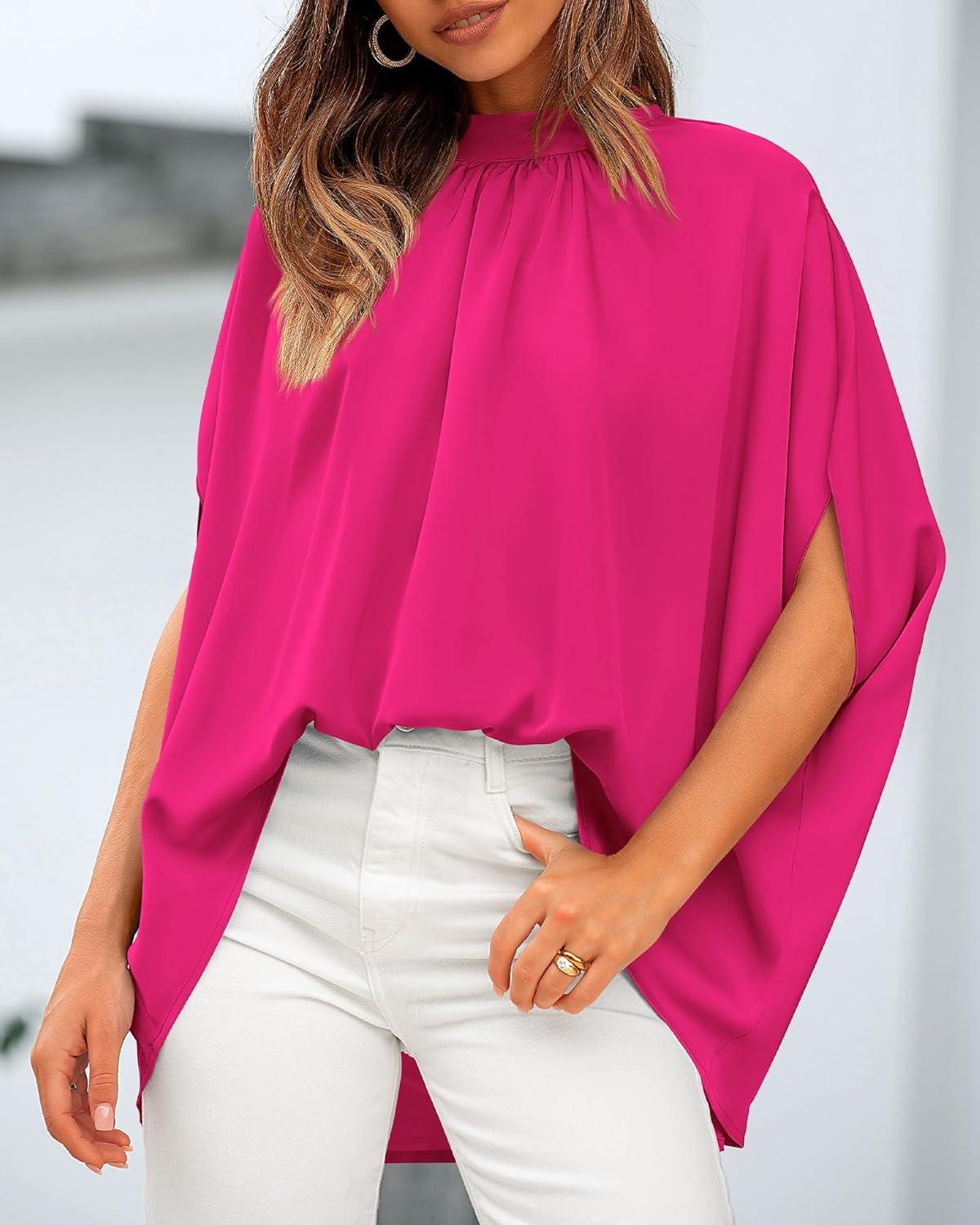 imageBTFBM Womens Summer Tops 2026 Mock Neck Batwing Sleeve Silk Satin Shirts Loose Oversized Dressy Casual Spring BlousesRose Red