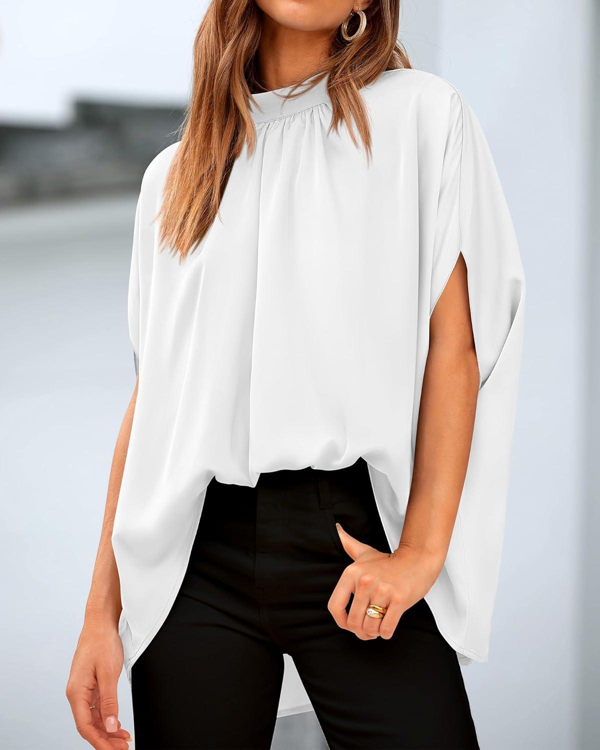 imageBTFBM Womens Summer Tops 2026 Mock Neck Batwing Sleeve Silk Satin Shirts Loose Oversized Dressy Casual Spring BlousesWhite