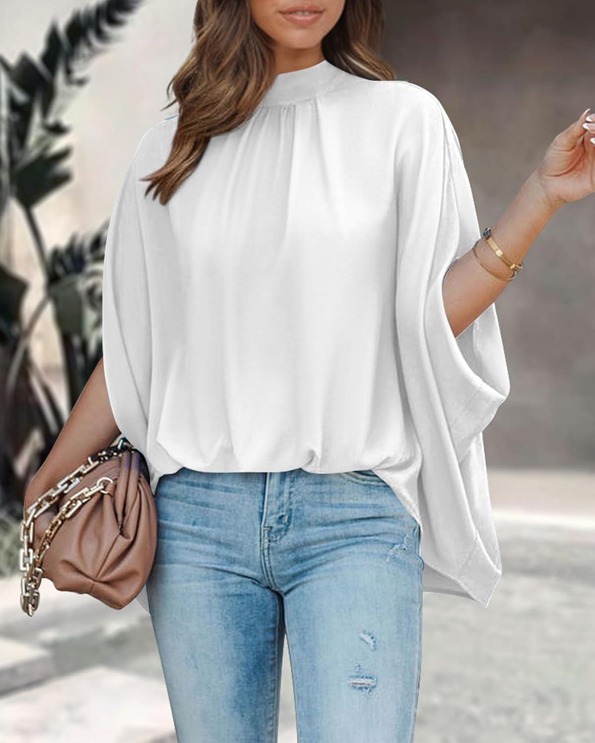 imageBTFBM Womens Summer Tops 2026 Mock Neck Batwing Sleeve Silk Satin Shirts Loose Oversized Dressy Casual Spring BlousesWhite