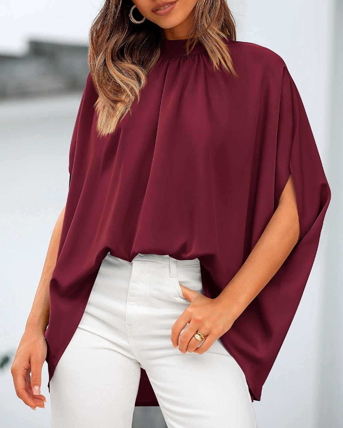 imageBTFBM Womens Summer Tops 2026 Mock Neck Batwing Sleeve Silk Satin Shirts Loose Oversized Dressy Casual Spring BlousesWine Red