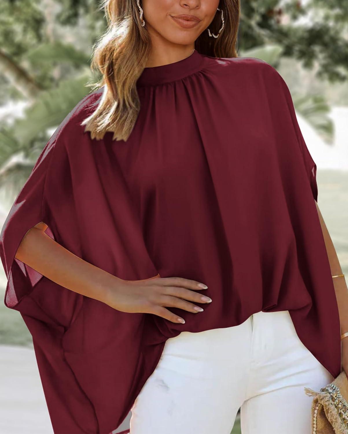 imageBTFBM Womens Summer Tops 2026 Mock Neck Batwing Sleeve Silk Satin Shirts Loose Oversized Dressy Casual Spring BlousesWine Red