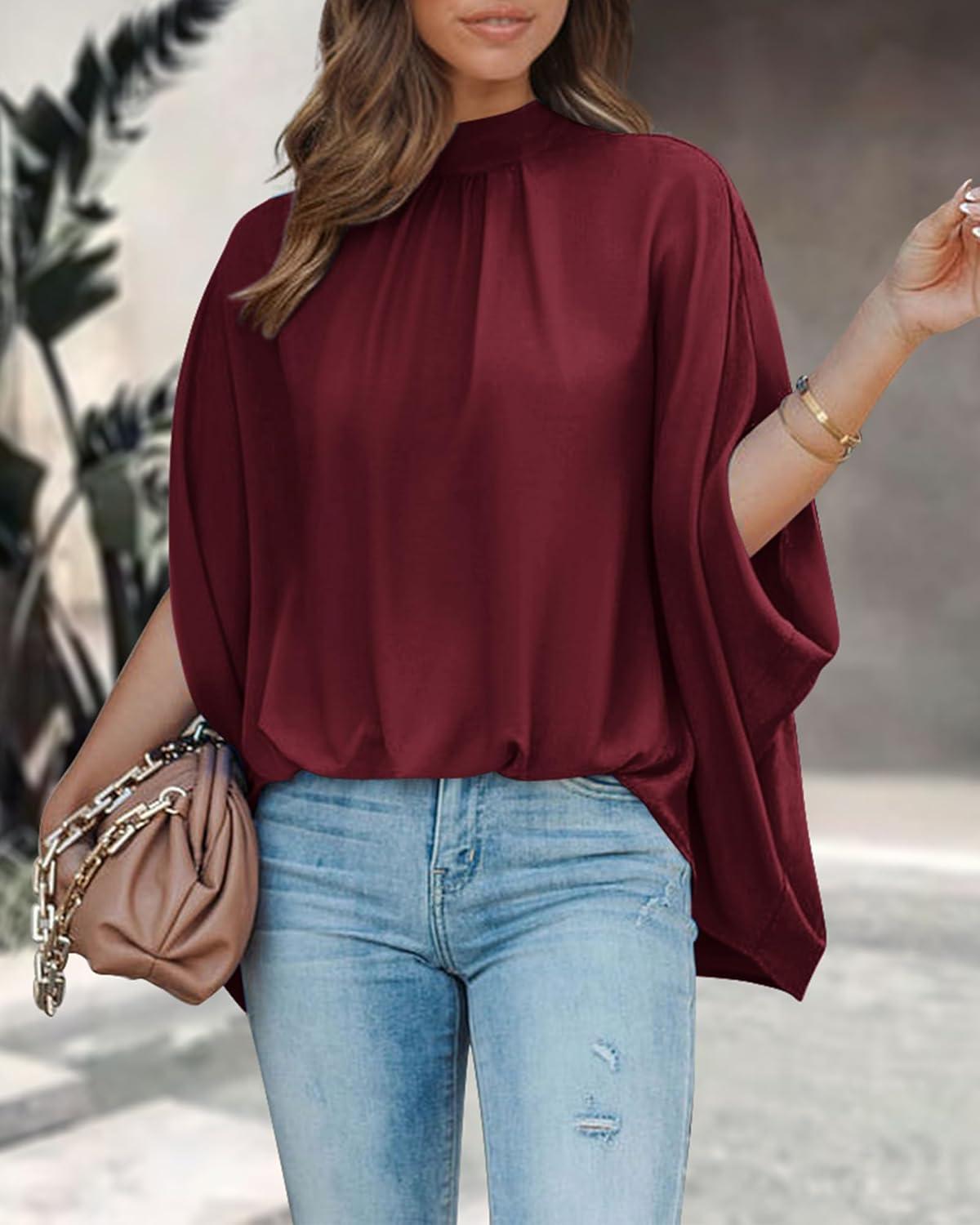 imageBTFBM Womens Summer Tops 2026 Mock Neck Batwing Sleeve Silk Satin Shirts Loose Oversized Dressy Casual Spring BlousesWine Red