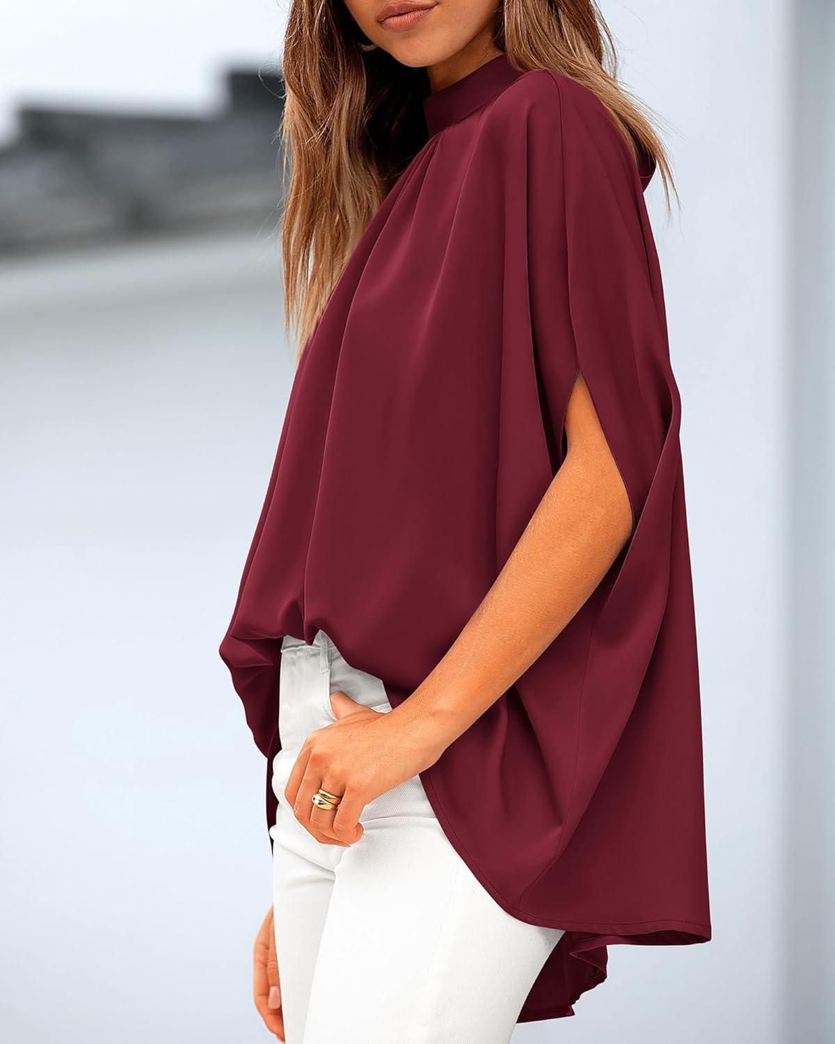 imageBTFBM Womens Summer Tops 2026 Mock Neck Batwing Sleeve Silk Satin Shirts Loose Oversized Dressy Casual Spring BlousesWine Red