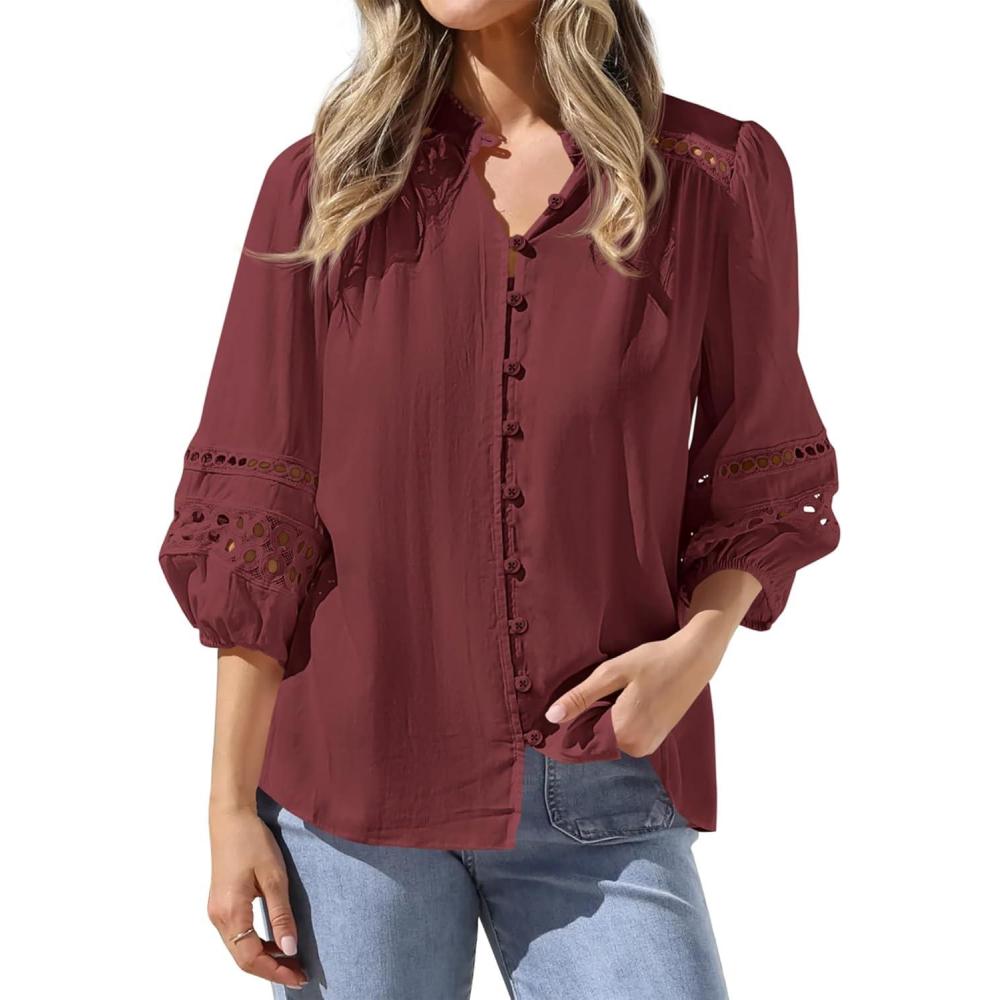 imageBTFBM 34 Length Sleeve Womens Tops Summer Blouses Eyelet Hollow Out Button Down Shirts Business Casual Outfits 2026Jujube Red