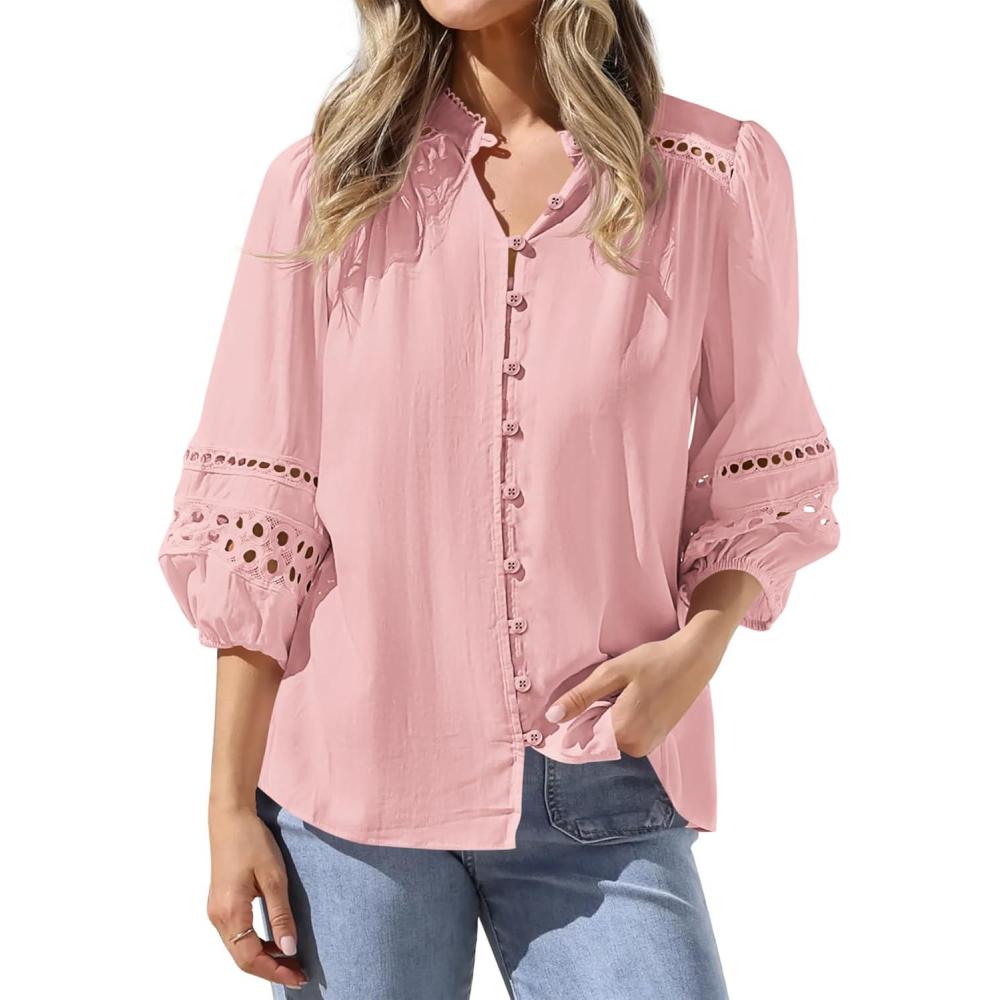 imageBTFBM 34 Length Sleeve Womens Tops Summer Blouses Eyelet Hollow Out Button Down Shirts Business Casual Outfits 2026Pink