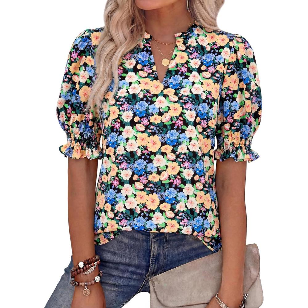 imageBTFBM Summer Blouses for Women Dressy Casual 2026 Fashion Spring Tops Floral Boho V Neck Puff Short Sleeve Top ShirtsFloral Black Apricot