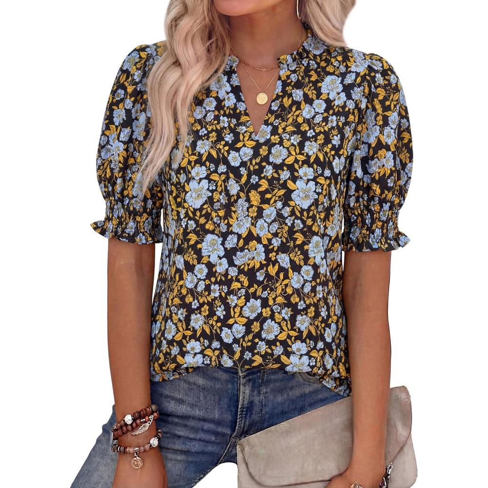 imageBTFBM Summer Blouses for Women Dressy Casual 2026 Fashion Spring Tops Floral Boho V Neck Puff Short Sleeve Top ShirtsFloral Black Blue