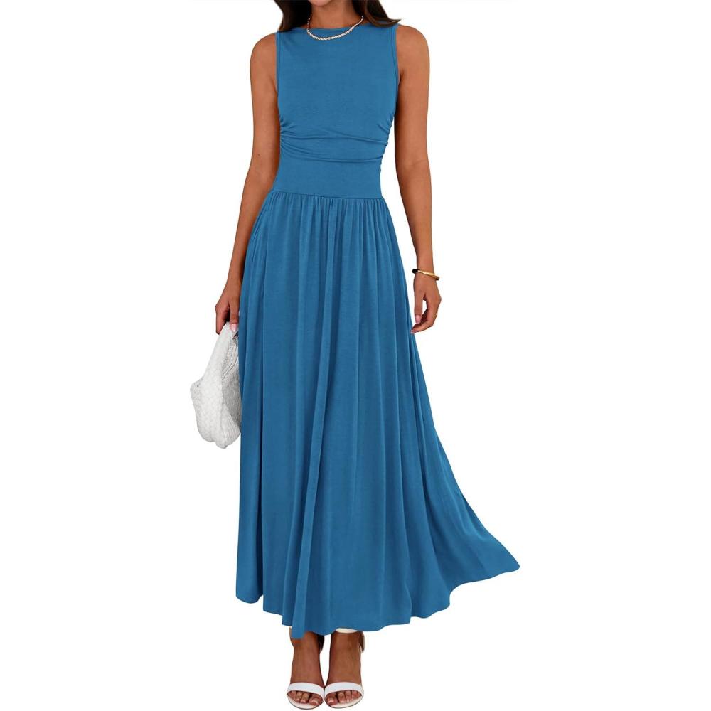 imageBTFBM Summer Maxi Dresses for Women 2026 Spring Sleeveless Casual Ruched High Waisted Long Sundress Flowy Beach DressBlue