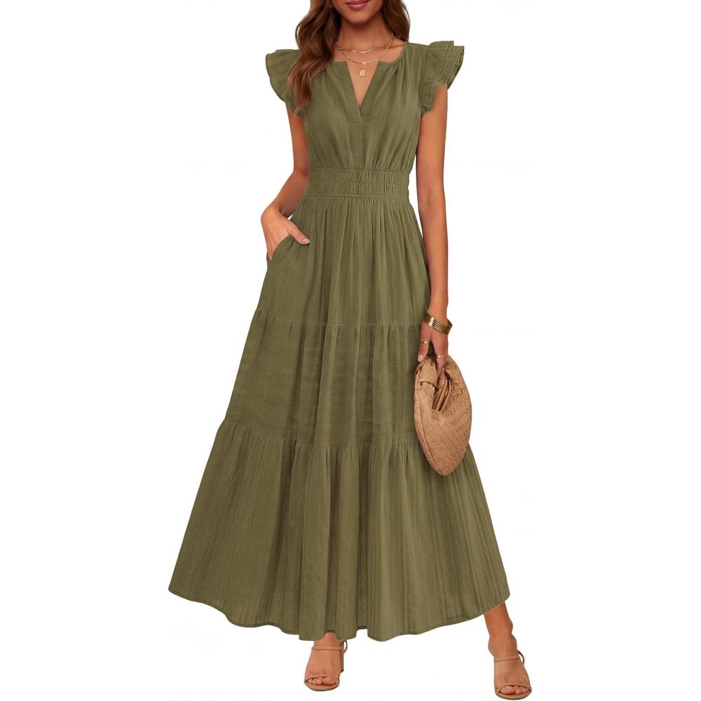 imageBTFBM Womens Summer Maxi Dress 2026 Spring Boho Vacation Ruffle Flutter Short Sleeve A Line Tiered Flowy Dresses PocketsArmy Green