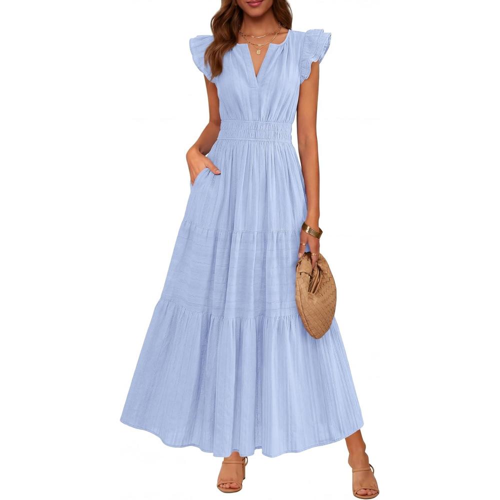 imageBTFBM Womens Summer Maxi Dress 2026 Spring Boho Vacation Ruffle Flutter Short Sleeve A Line Tiered Flowy Dresses PocketsLight Blue