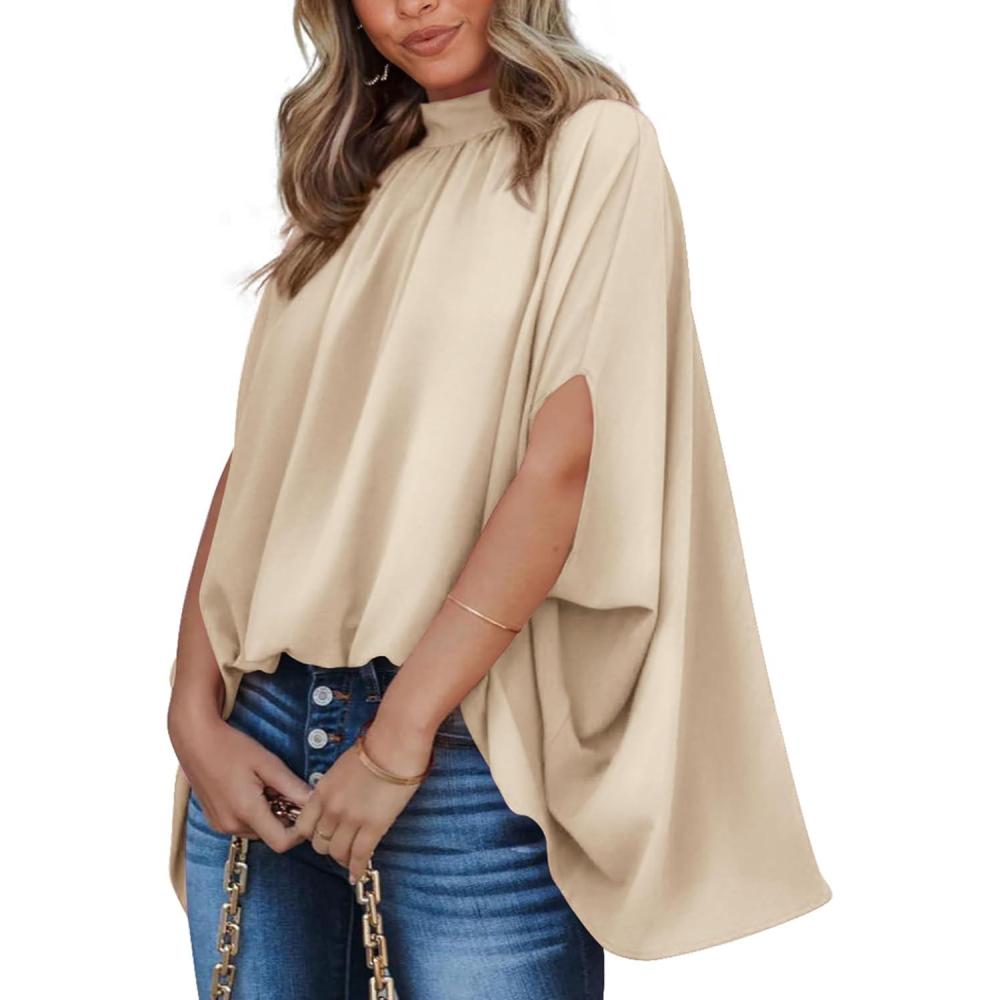 imageBTFBM Womens Summer Tops 2026 Mock Neck Batwing Sleeve Silk Satin Shirts Loose Oversized Dressy Casual Spring BlousesBeige