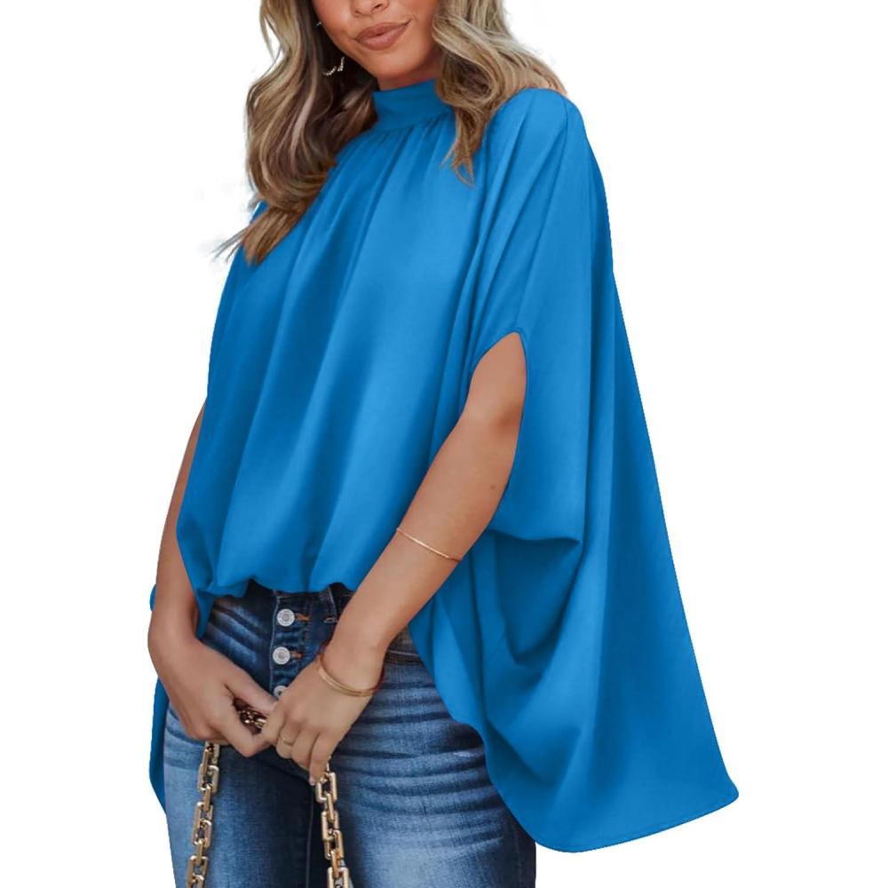 imageBTFBM Womens Summer Tops 2026 Mock Neck Batwing Sleeve Silk Satin Shirts Loose Oversized Dressy Casual Spring BlousesBlue